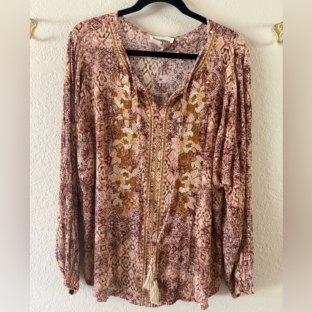 Savanna Jane Crinkle Gauzy 3/4 Sleeve Boho Peasant Top Size 2X Geometric Print